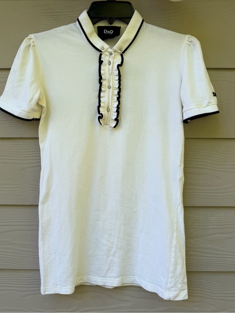 Dolce & Gabbana D&G White Black Trim Ruffle Polo Top Rhinestone Buttons Cotton - Picture 2 of 15